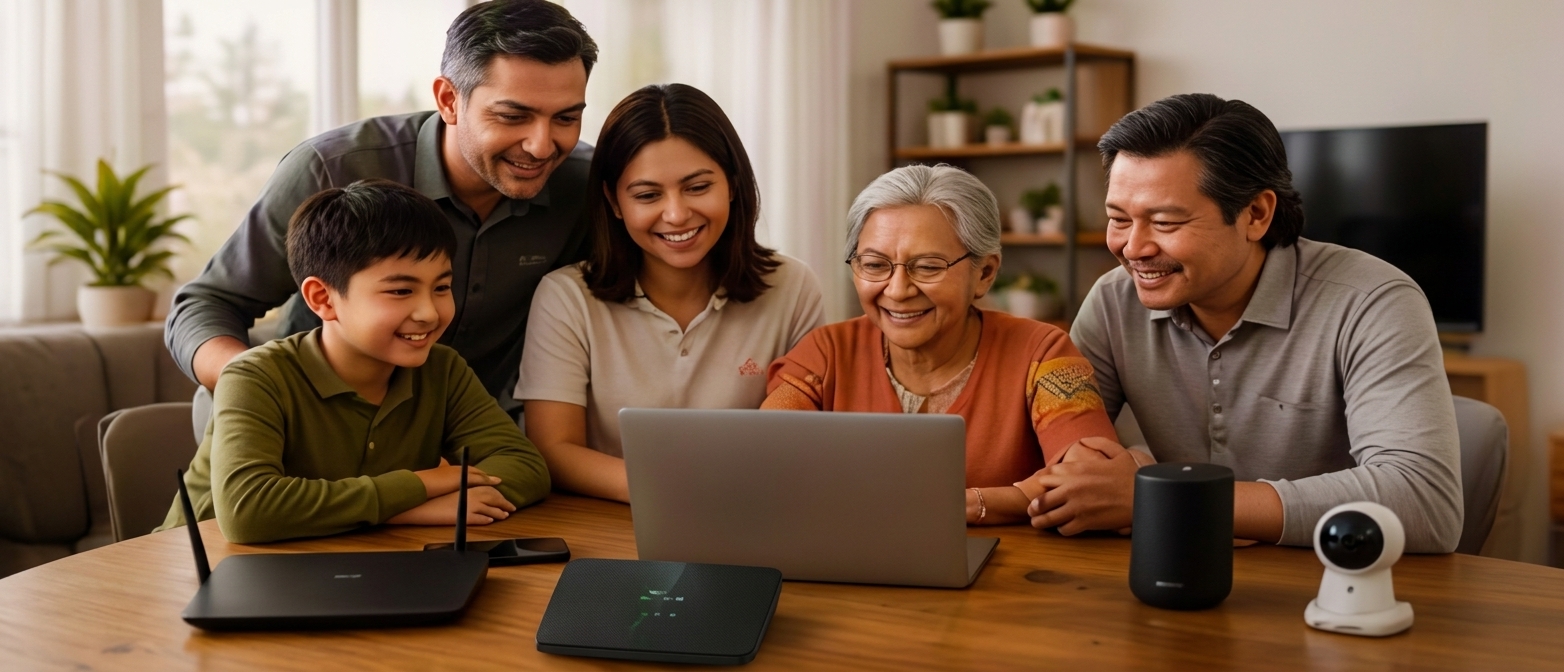 Family enjoying technology together at home